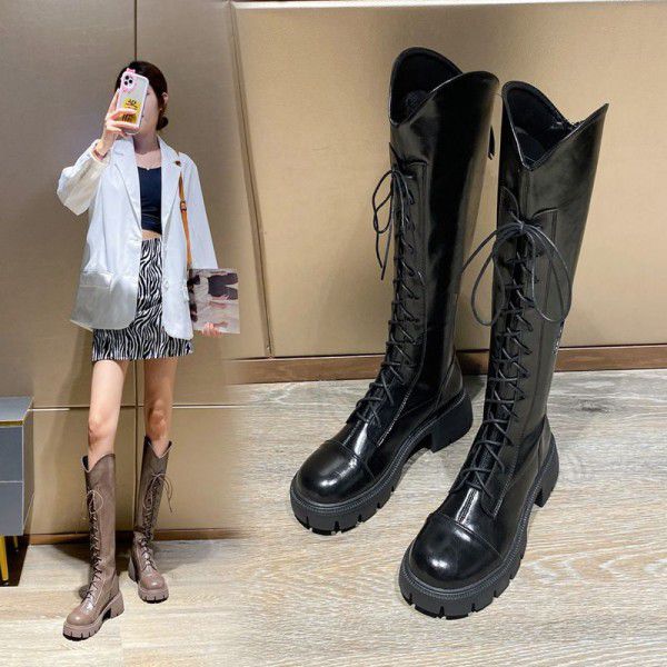 New Long Knee Length Knight Boot Children's Round Head Thick Bottom Lace Up 