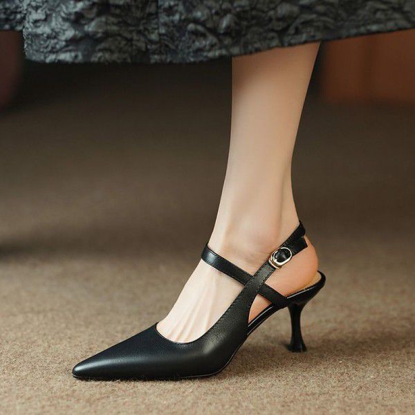 Nude colored Baotou back empty sandals for women with thin heels and pointed tips, new full leather one line strap for spring and summer, paired with skirts and high heels 