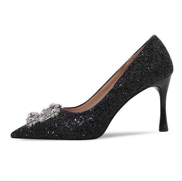 New Summer Crystal High Heels Wedding Shoes Black Professional Work Shoes Formal Water Diamond Square Button Women's Single Shoes 