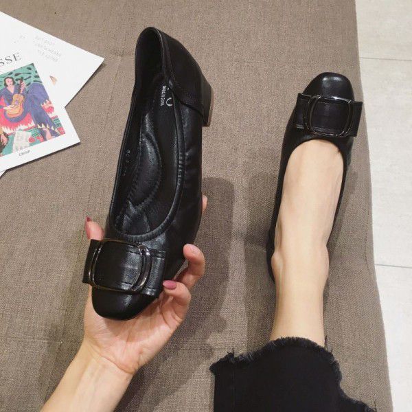 High Heel Women's Summer Low Heel Layer Soft Cowhide Feet Treading Sole Single Shoe Women's Shoes 