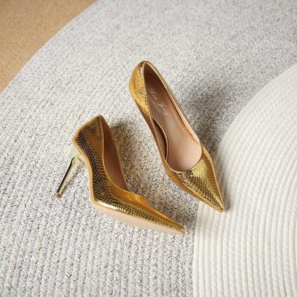 Sexy gold snake patterned high heels for women's new slim heeled pointed wedding shoes for banquet women's shoes 