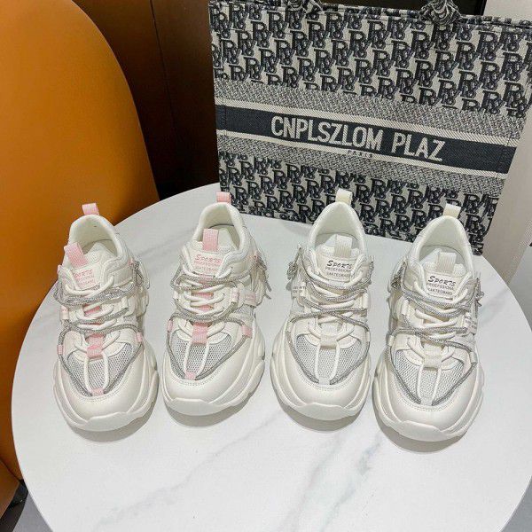 Genuine leather thick soled dad shoes for women's spring and summer new casual and versatile sports small white shoes Korean version with lace up mesh surface 