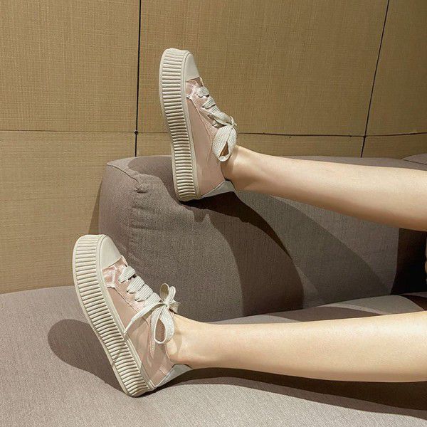 Little White Shoes Women's Thick Sole Casual Elevated Biscuit Shoes Lace up Canvas Single Shoes 