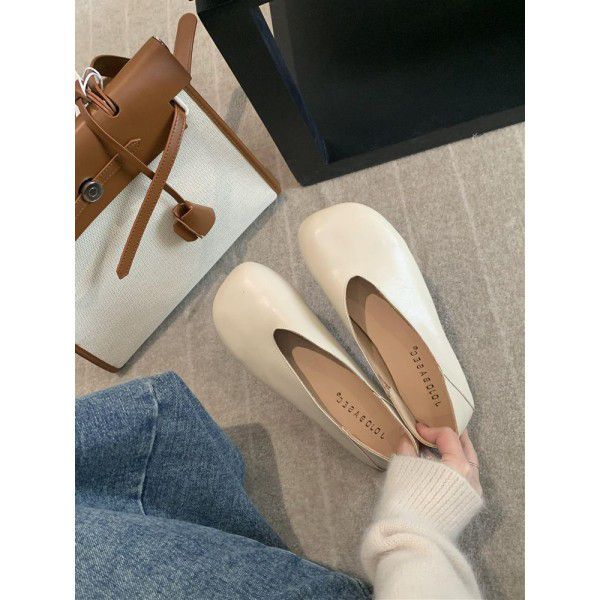Women's Spring Square Head Versatile, Shallow Mouth, One Step Single Shoe, Soft Leather, Comfortable Retro Granny Shoes 