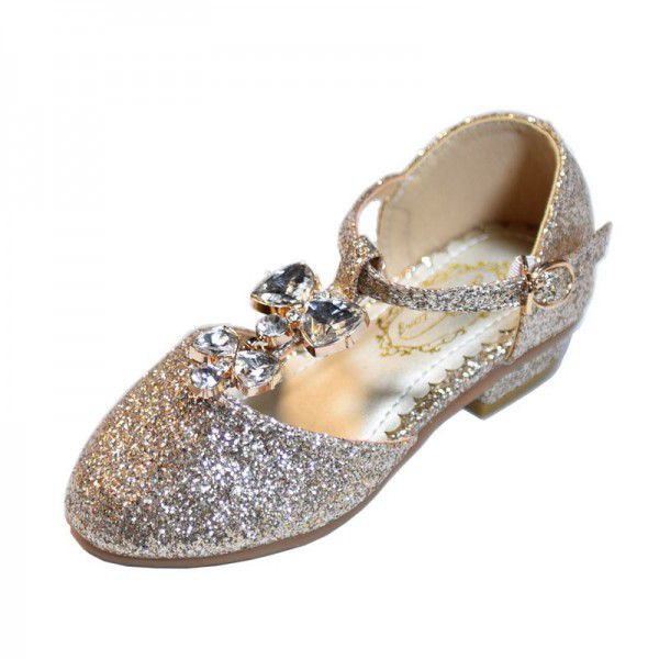 Children's Princess Shoes New Korean Fashion Soft Sole Gold Stage Show Crystal Student Shoes Girls' High Heel Single Shoes 