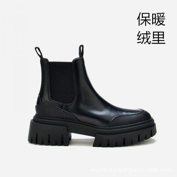 Seasonal Women's Shoes Black Thick Sole Heightened Dark Martin Elastic Chimney Boots English Style Flat Bottom Short Boots 