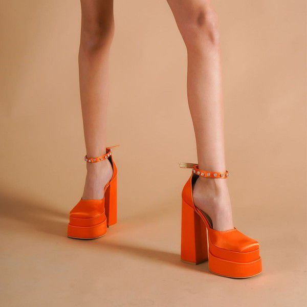 New thick high heels, black, red, pink, green, white, yellow, purple, orange, rhinestone waterproof platform, square toe, thick sole, women's size shoes 