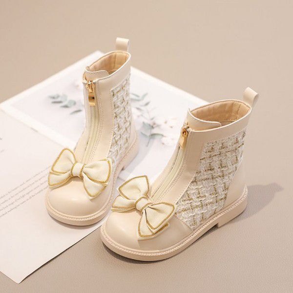 Girls' Martin Boots Winter New Plush Children's Single Boots Little Girls' Short Boots Fashionable Bowknot Leather Boots 