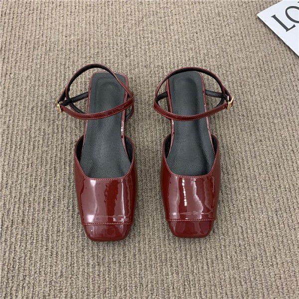 Red patent leather Baotou sandals for women in summer, versatile, square head, low heel, one button Mary Jane single shoes, Caligae 