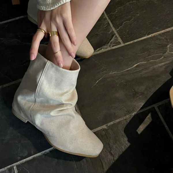 Rugged design linen short boots, autumn pile up boots, flat bottomed thick heels, round toe fashion boots 