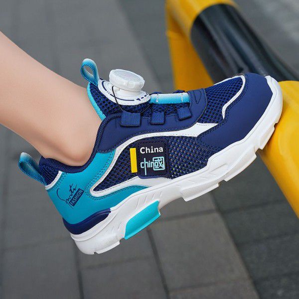Boys' shoes, sports shoes, rotating buttons, new summer mesh breathable single mesh hollowed out children's mesh shoe trend 