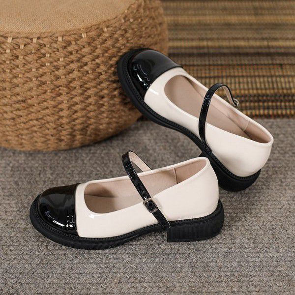 Mary Jane Little Leather Shoes Women's Spring Fragrant Retro Round Toe Black and White Mid Heel French Single Shoes 