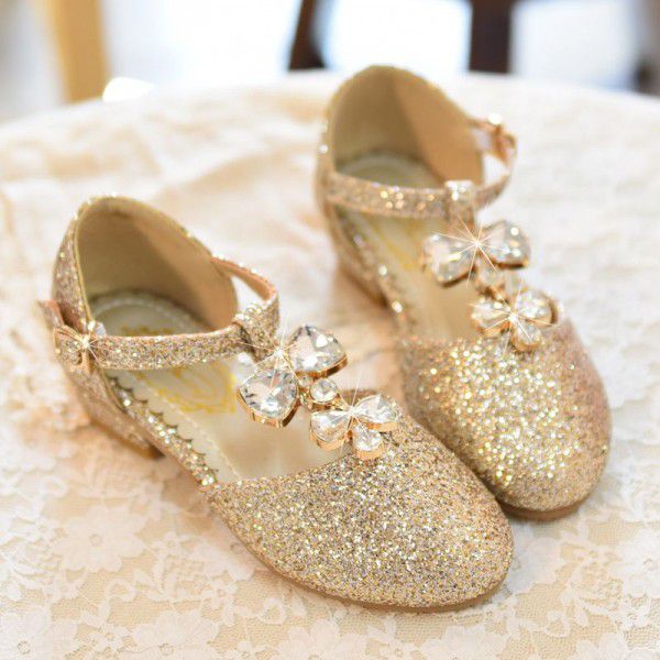 Children's Princess Shoes New Korean Fashion Soft Sole Gold Stage Show Crystal Student Shoes Girls' High Heel Single Shoes 