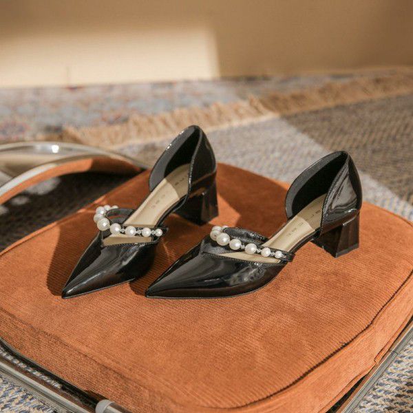 Pointed Mary Jane Shoes Women's Summer New Pearl Hollow High Heel Thick Heels 