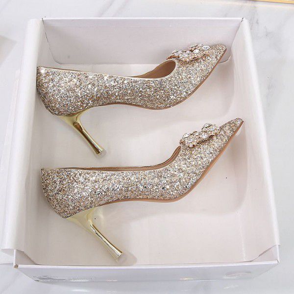 New Summer Crystal High Heels Wedding Shoes Black Professional Work Shoes Formal Water Diamond Square Button Women's Single Shoes 