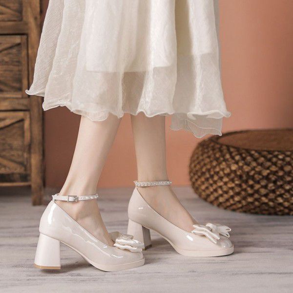Mary Jane Shoes Women's Spring and Autumn French Girls' High Heels Versatile Thick Heel Shoes Temperament Celebrity Bridesmaid Shoes 