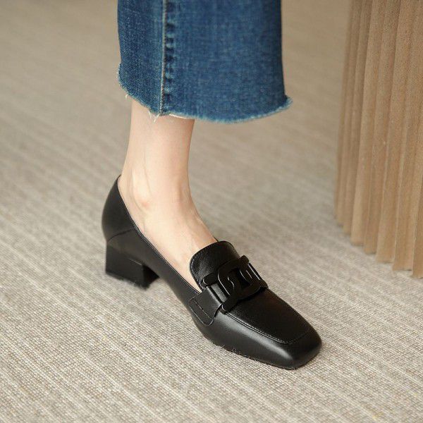 Spring and Autumn New Genuine Leather Leisure Lefu Women's Single Shoes Korean Edition Comfortable Middle Heel Shoes Square Headed Retro Commuter Women's Shoes 