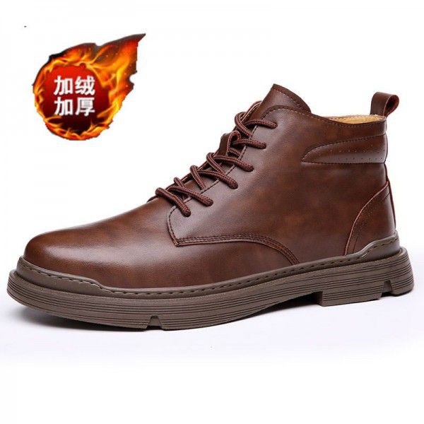 New Genuine Leather Martin Boots for Men's High Top British Style Workwear Boots, Casual plush and Warm Men's Boots, Retro Leather Boots 