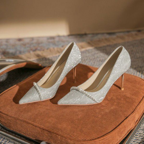 High Heel Women's Fine Heels Winter New Crystal Bridal Wedding Shoes Pointed Toe Shallow Mouth Pearl Single Shoes 