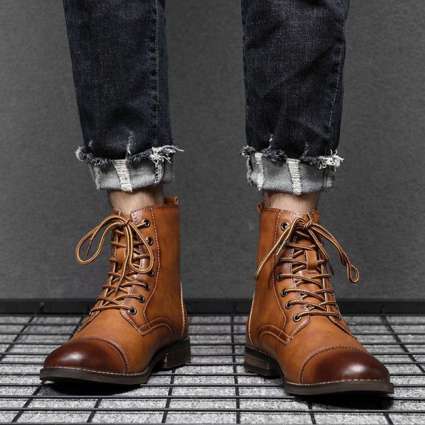 New autumn and winter plush Martin boots for men's oversized pointed vintage leather boots, high top casual leather shoes, cotton boots 