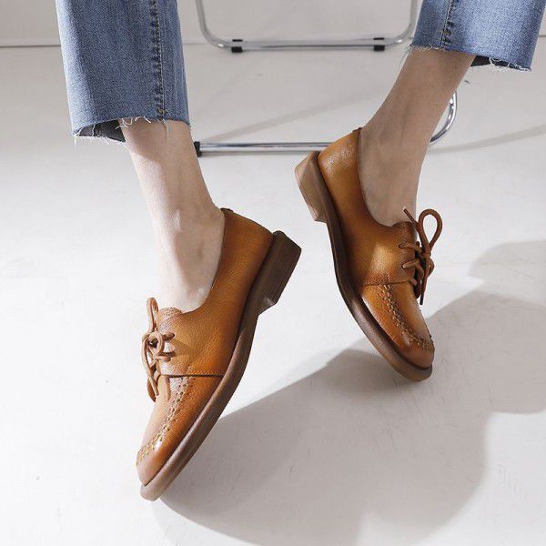 Retro Soft Sole Shoes Women's Spring and Summer New Genuine Leather Round Head Shallow Mouth Lacing Handmade Four Seasons Single Shoes 
