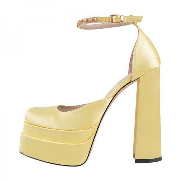 New thick high heels, candy colored single shoes, fashionable rhinestone waterproof platform, square head, thick sole for women 