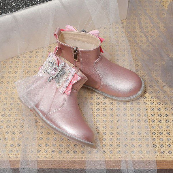 Girls' Short Boots Autumn New Children's Single Boots Little Girls English Style Leather Boots Bow Knot Plush Boots 