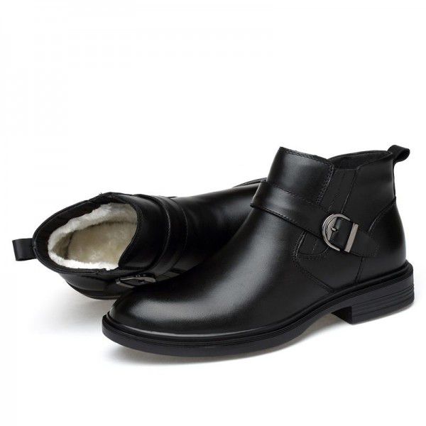 Men's leather boots, new top layer cowhide black high cut Martin boots, men's business casual plush short boots 