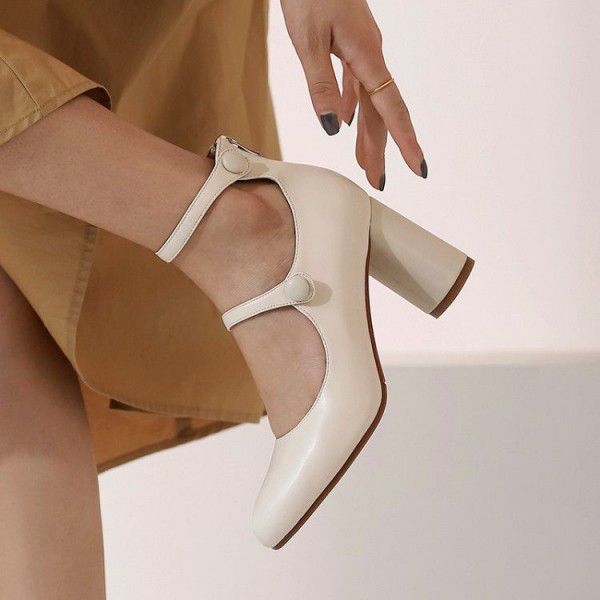 New Spring Beige Stripe High Heels Mary Jane Shoes Patent Leather Round Toe Thick Heels Wedding Shoes Girl 