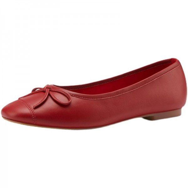 Red Single Shoes Women's Shallow Mouth Genuine Leather Ballet Shoes Ladle Shoes Flat Bottom French Little Red Shoes Bean Shoes Grandma Shoes Wedding Shoes 