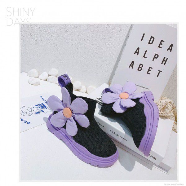 Girls' sock shoes, children's elastic knitted boots, fashionable and versatile short boots, baby single shoes 