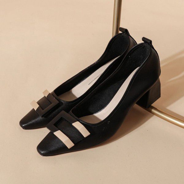 Genuine leather high heels, women's thick heels, square toe, soft leather autumn shoes, fairy spring and autumn single shoes, women's grandmother shoes 