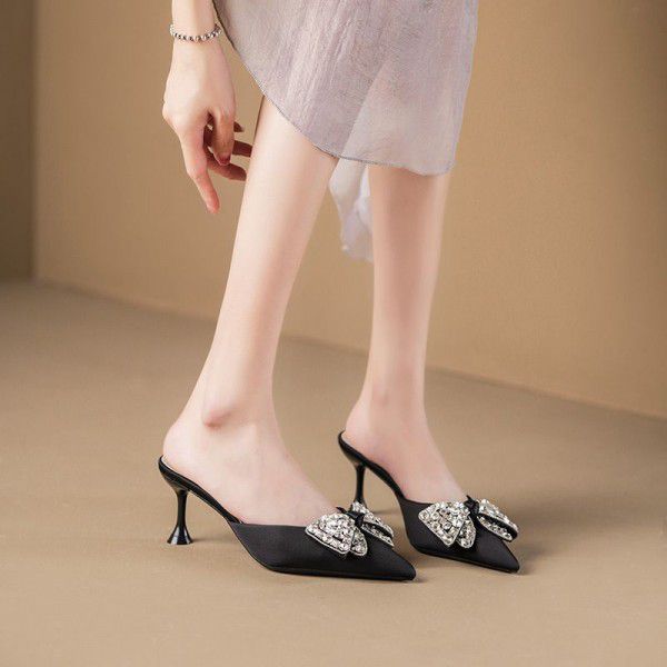 Advanced High Heel Baotou Half Slippers Women's Sandals New Style Pointed Thin Heel Bow 