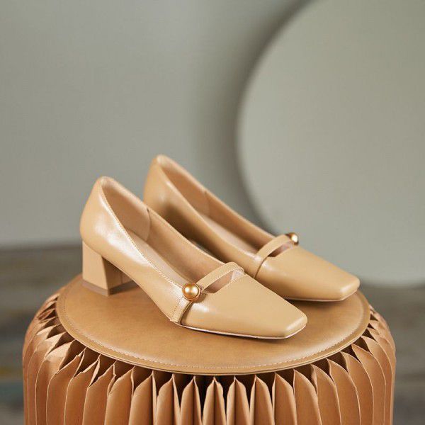 French retro single shoe women's middle heel new thick heel cowhide square toe shallow cut Mary Jane women's shoes 