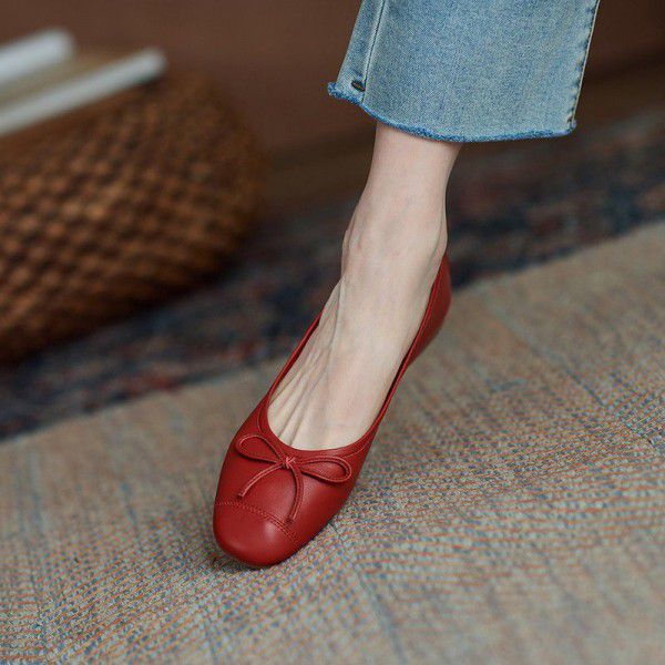 Red Single Shoes Women's Shallow Mouth Genuine Lea...