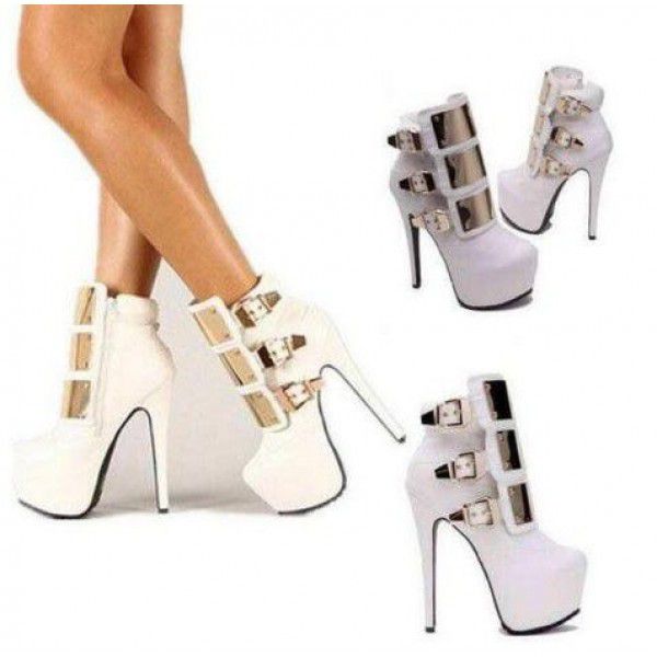 Short boots, spring and autumn, super high waterproof platform, high heels, shiny metal buckle, thin heels, camouflage color women's ankle boots 
