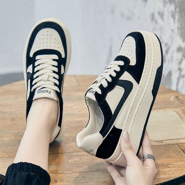 Top layer cowhide small white shoes for women's new women's shoes, Korean version versatile round head color matching thick sole bread casual sports board shoes 