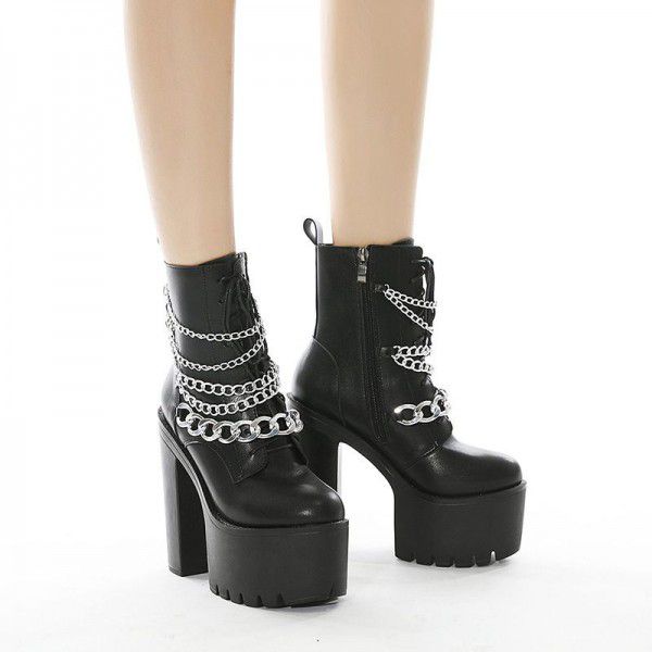 Winter High Heel Waterproof Platform Nightclub Foreign Trade Hot selling Martin Boots British Mid tube Boots Chain Lace Motorcycle Boots 