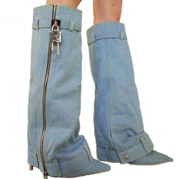 New pointy Cowboy boot skirt shark high heels women's boots large size long tube belt buckle thin heels women's shoes 