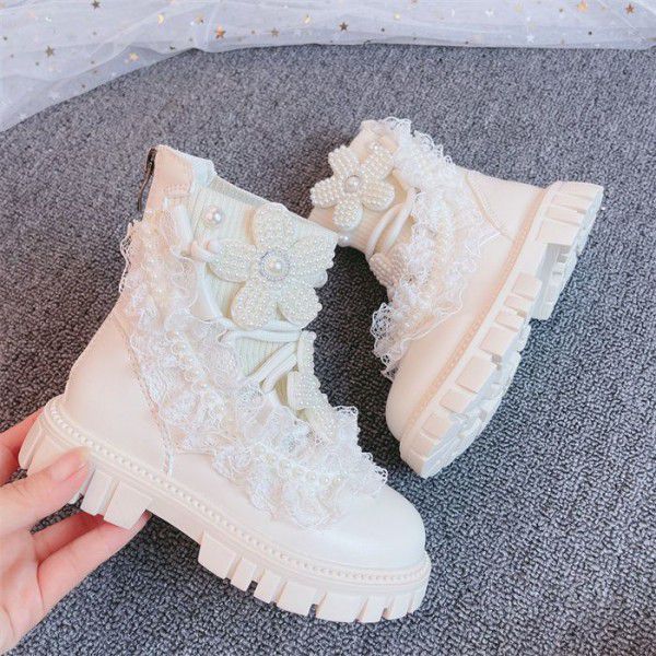 Girls' Martin Boots Spring Autumn Winter Lace Pearl Socks Boots Children's Short Boots Boots 
