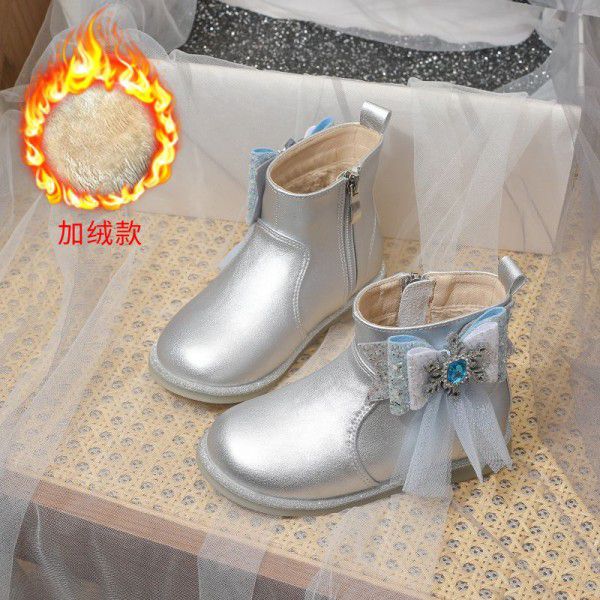 Girls' Short Boots Autumn New Children's Single Boots Little Girls English Style Leather Boots Bow Knot Plush Boots 