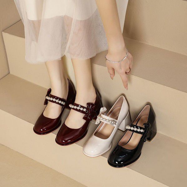 High Heel Women's Mary Jane Shoes Spring and Autumn Women's Shoes New Fairy Style Bow Knot Shallow Mouth Thick Heel Shoes Women's 