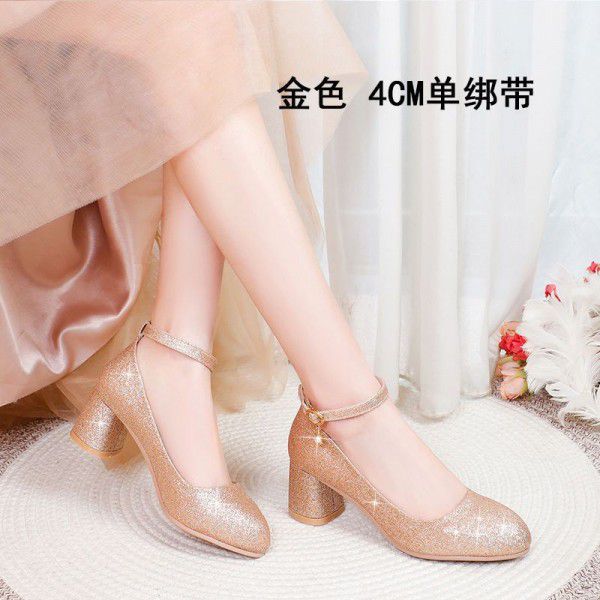 Silver single shoe women's dress with round toe high heels 