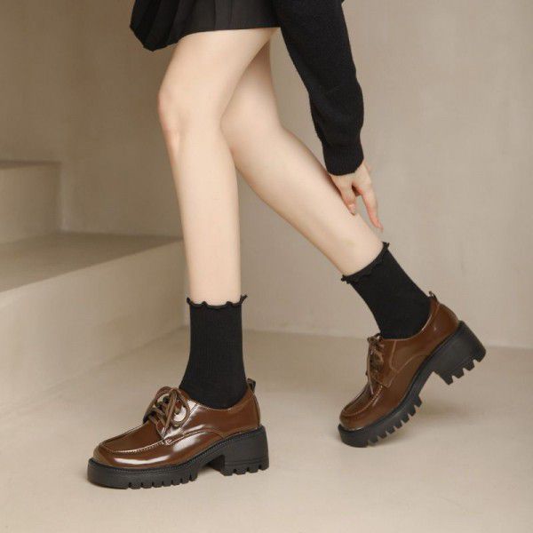 Small leather shoes, women's British style lace up, Korean version versatile thick heels, high heels, genuine leather casual single shoes, college style women's leather shoes 