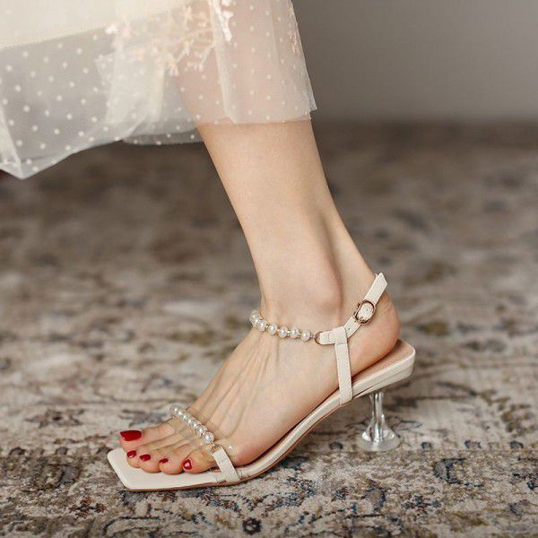 Pearl Sandals Women's Middle Heel New Thin Heel Hi...
