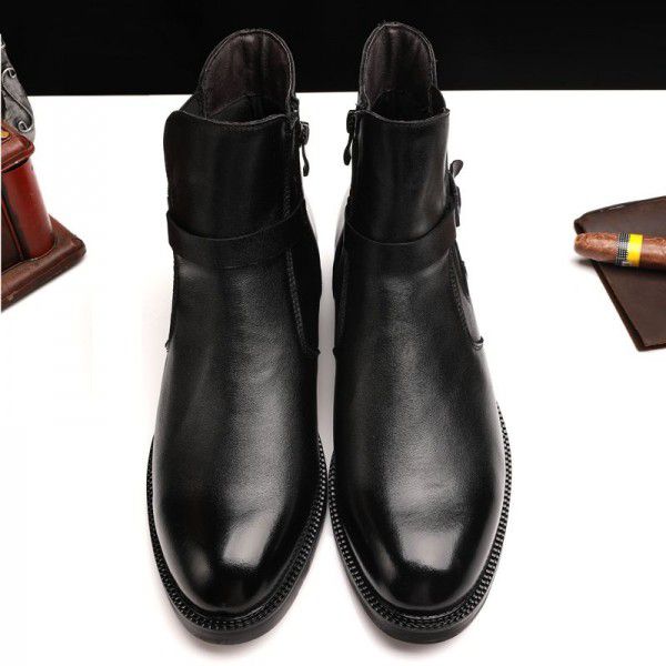 Winter Soft Leather Men's English Short Boots with Cotton Boots Chelsea Large 