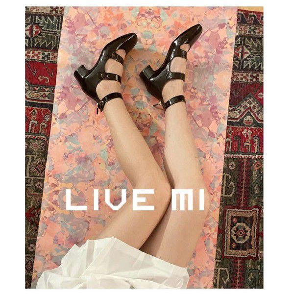 French Vintage Mary Jane Shoes Female Spring and Summer Square Head Shallow Mouth High Top Single Shoe Buckle Strap Thick Heel Small Leather Shoes Female 