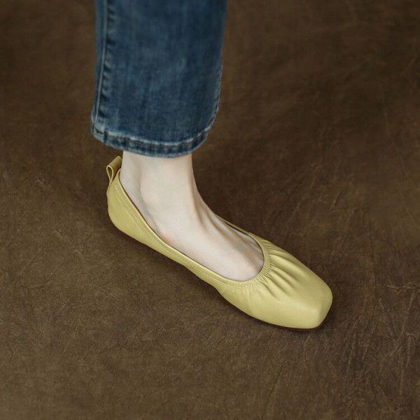 Soft sheepskin single shoe for summer, flat bottomed square toe, shallow cut, comfortable and versatile 