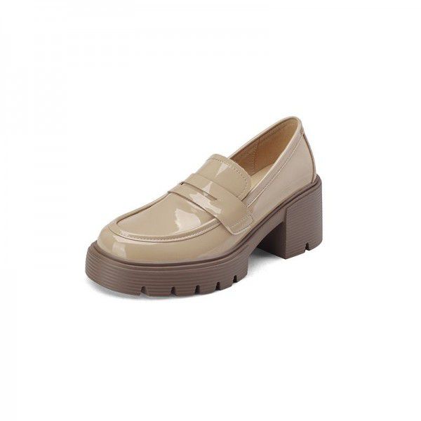 Small leather shoes for women in spring New British style jk thick heel thick soled Slip-on shoe for women's college casual black single shoes 