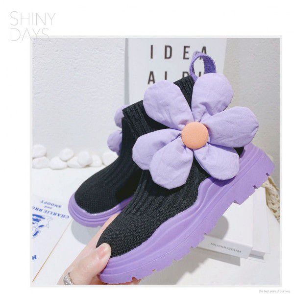 Girls' sock shoes, children's elastic knitted boots, fashionable and versatile short boots, baby single shoes 